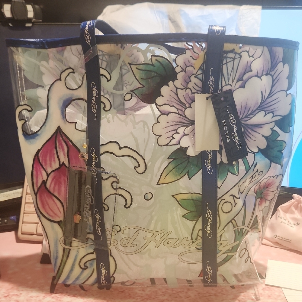 NWT Ed Hardy Large Blue and Pink Floral Tote Bag